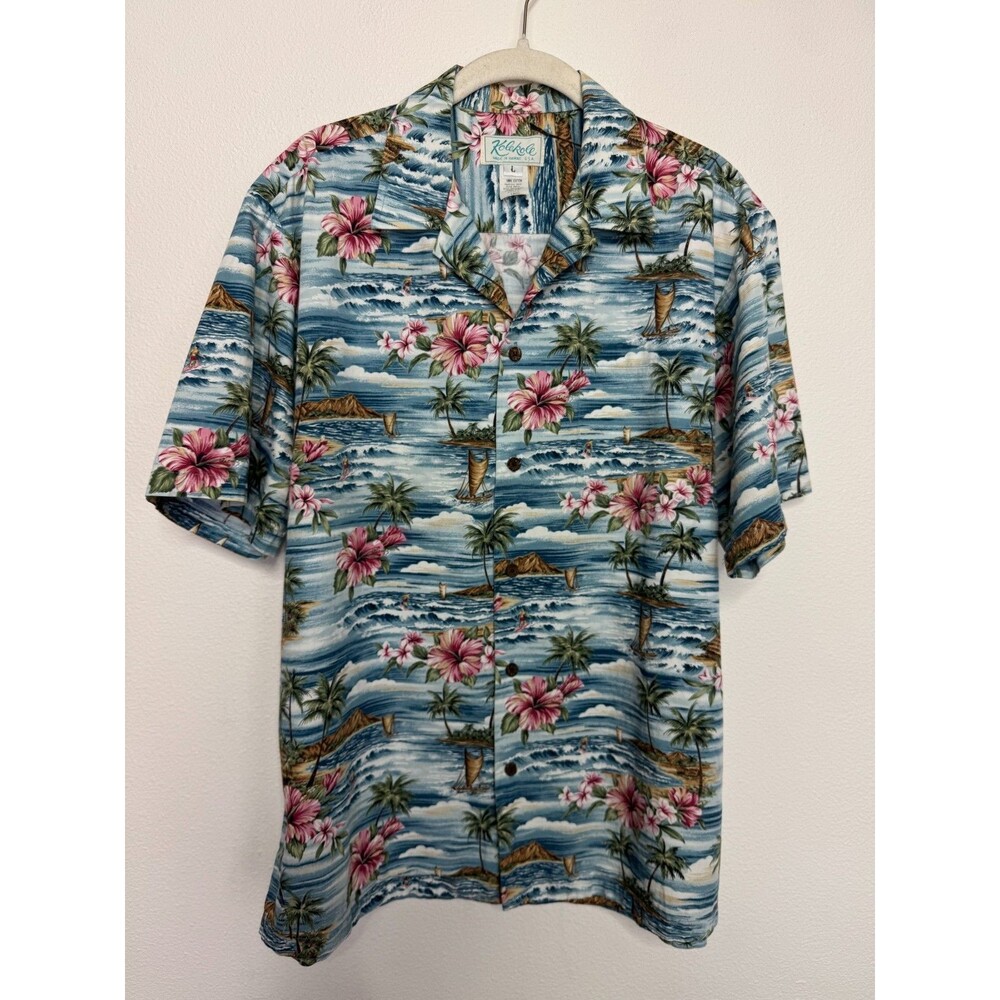 Kole Kole Mens Large Hawaiian Button Up Shirt Blue Cotton Floral Palm Aloha